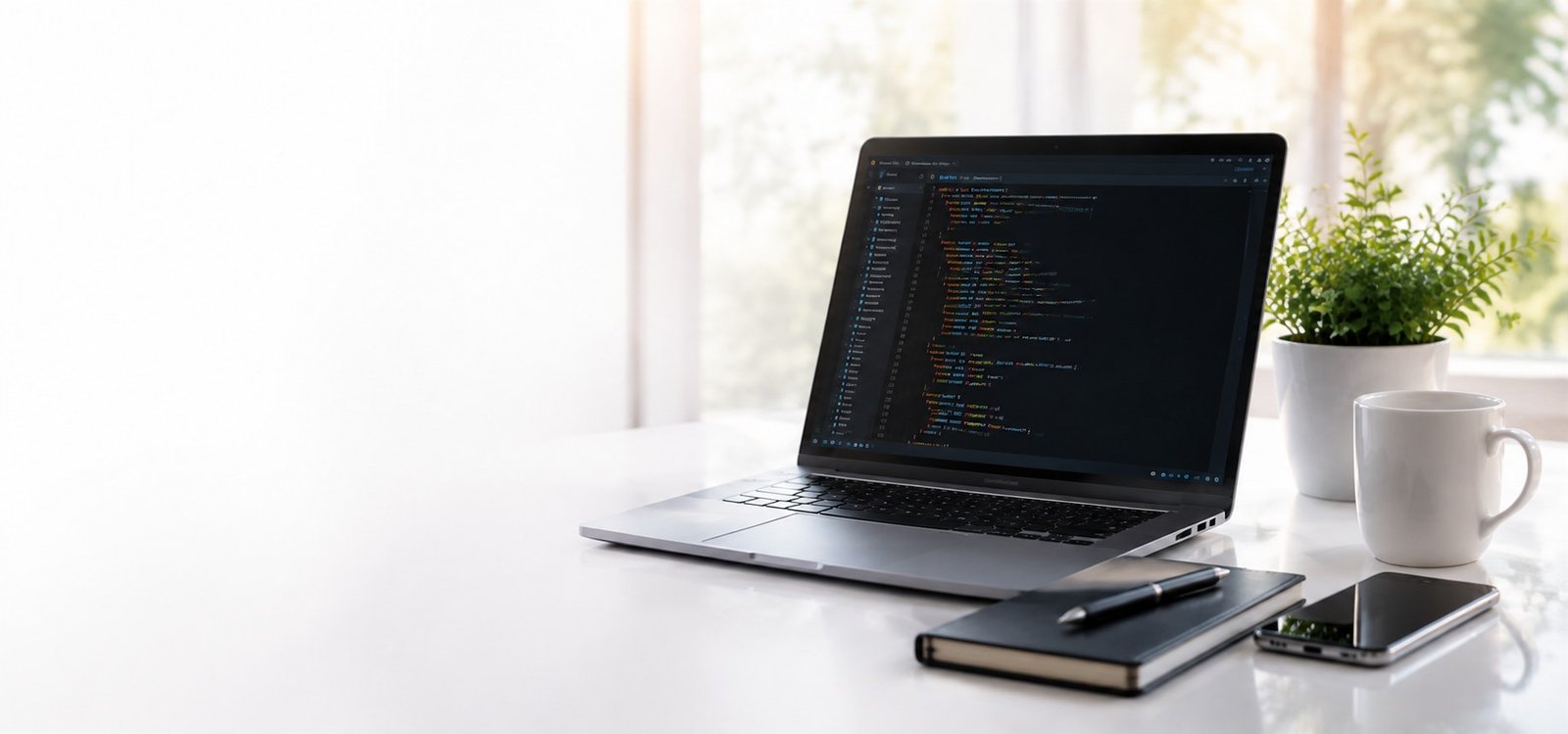 Laptop displaying software code on a bright modern workspace